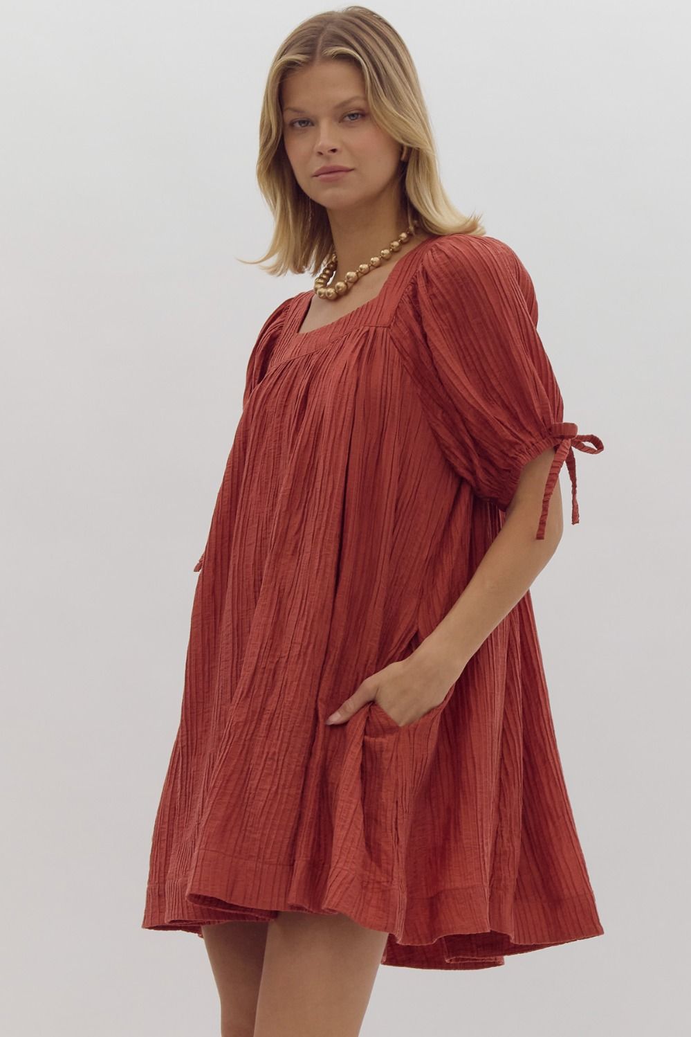 SQUARE NECK MINI DRESS - BRICK
