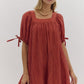 SQUARE NECK MINI DRESS - BRICK