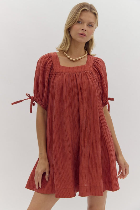 SQUARE NECK MINI DRESS - BRICK