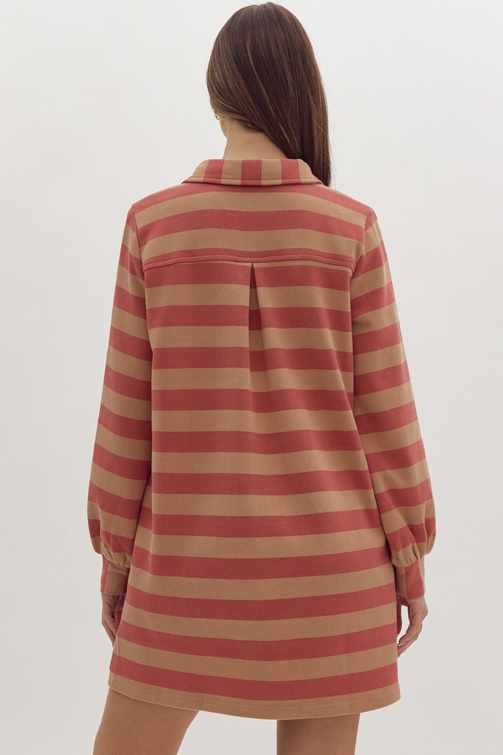 STRIPED V NECK COLLARED MINI DRESS - RUST