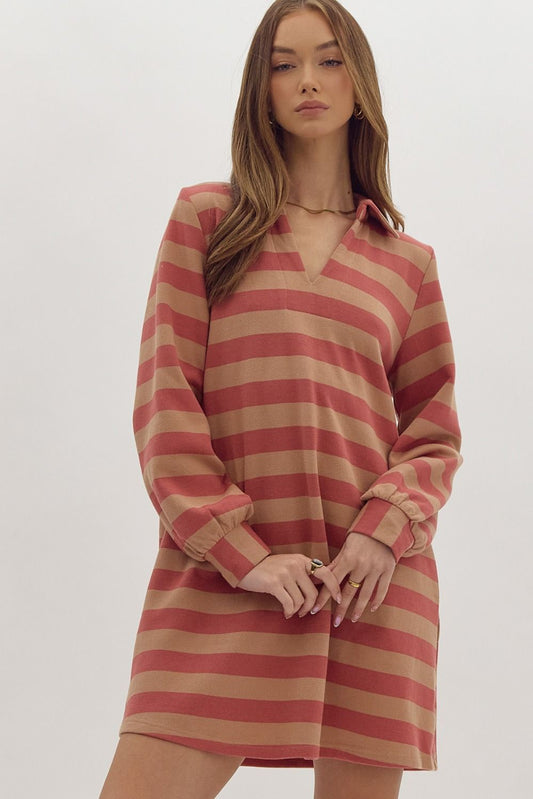 STRIPED V NECK COLLARED MINI DRESS - RUST
