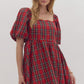 SQUARE NECK MINI DRESS - RED PLAID
