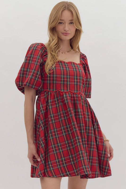 SQUARE NECK MINI DRESS - RED PLAID