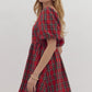 SQUARE NECK MINI DRESS - RED PLAID