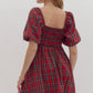 SQUARE NECK MINI DRESS - RED PLAID