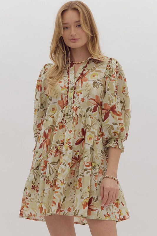 POLPIN TIERED MINI DRESS - OLIVE RUST
