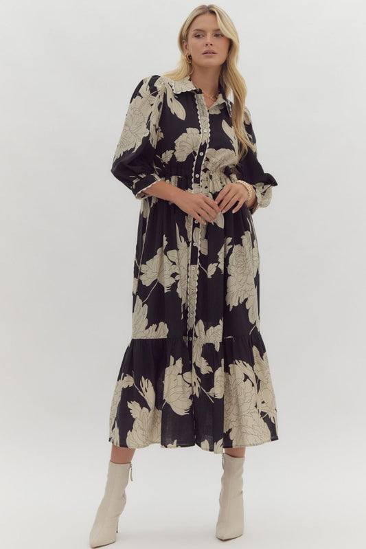 FLORAL COLLARED BUTTON UP MIDI DRESS - BLACK