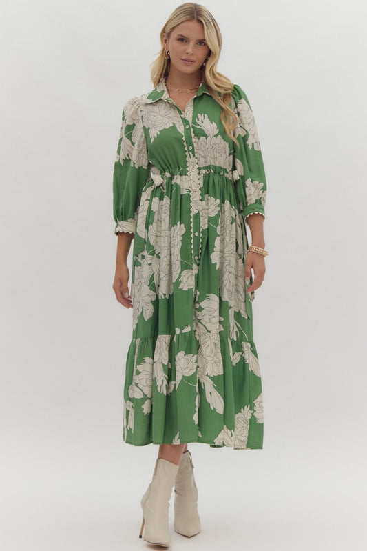FLORAL COLLARED BUTTON UP MIDI DRESS - GREEN
