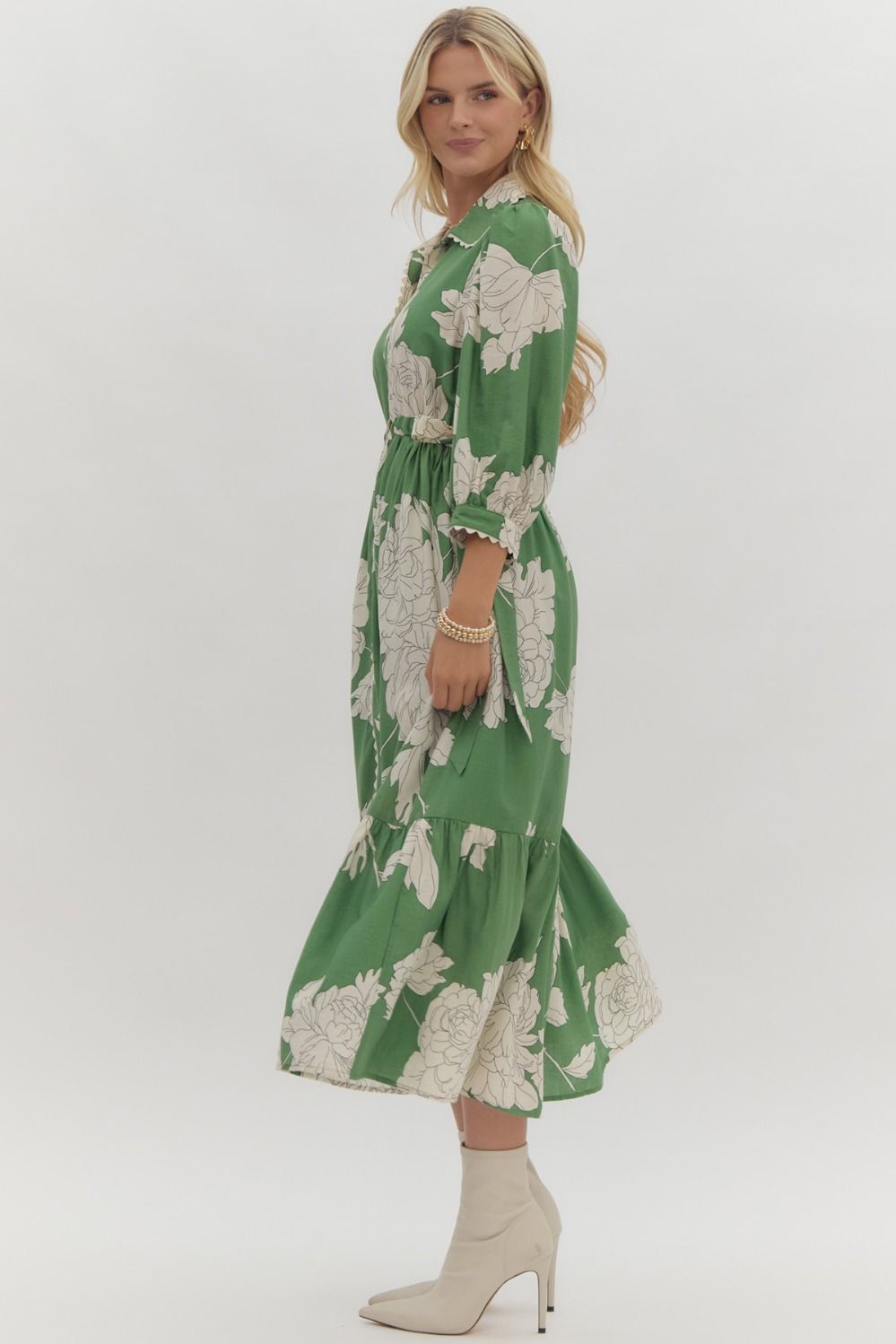 FLORAL COLLARED BUTTON UP MIDI DRESS - GREEN