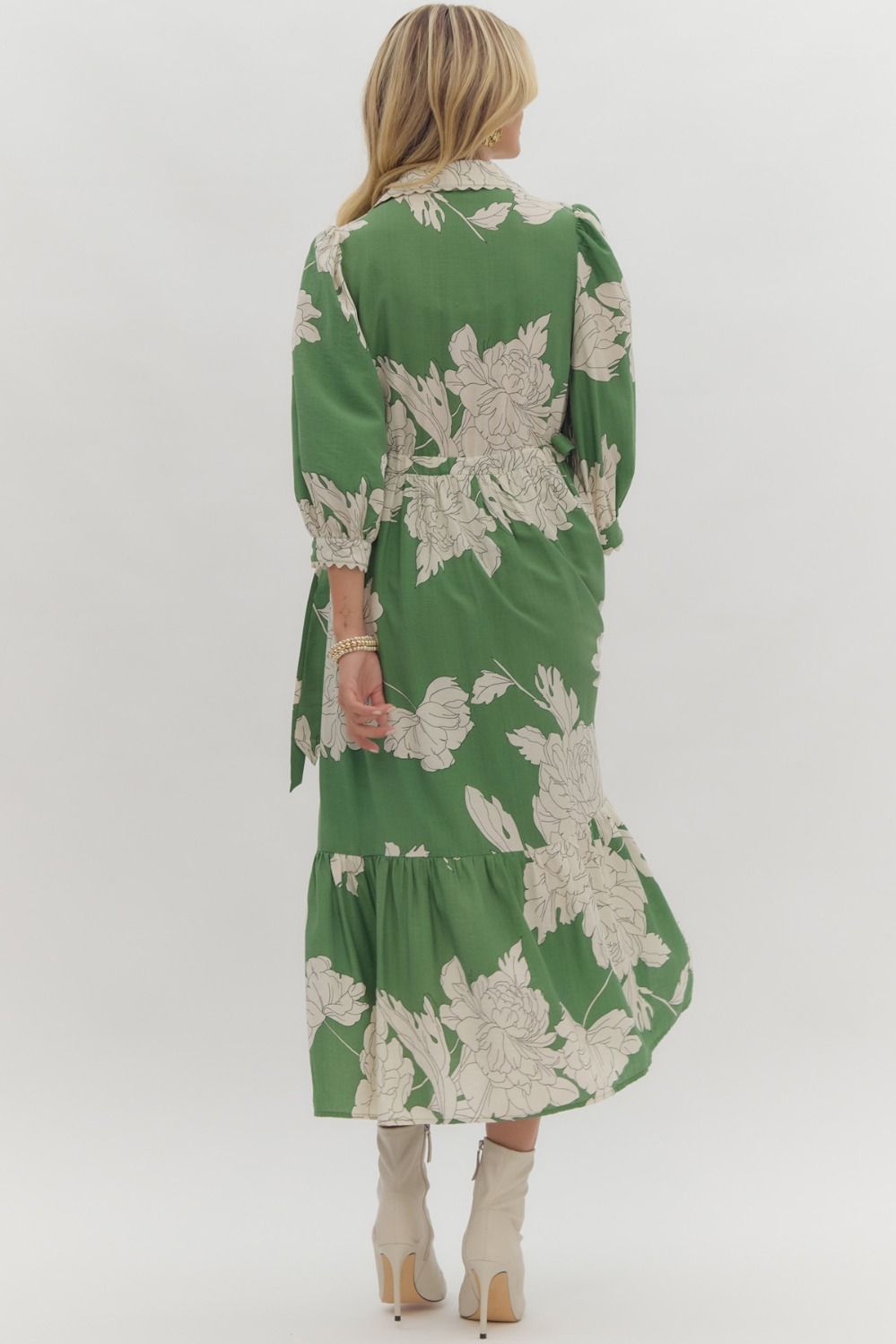 FLORAL COLLARED BUTTON UP MIDI DRESS - GREEN