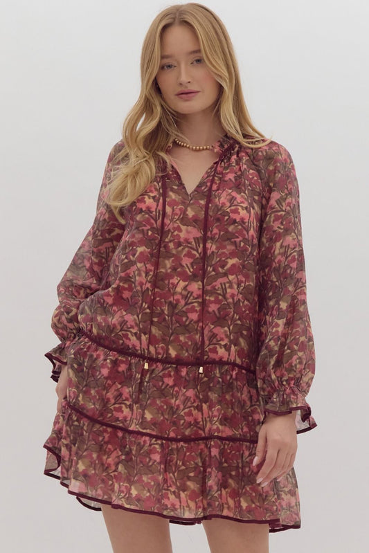 LONG SLEEVE TIERED MINI DRESS - RASPBERRY