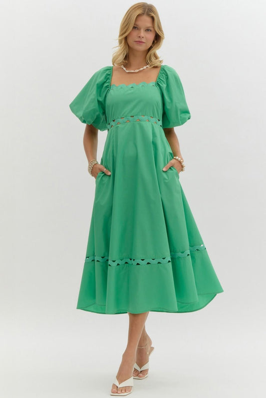 SQUARE NECK MIDI DRESS - GREEN