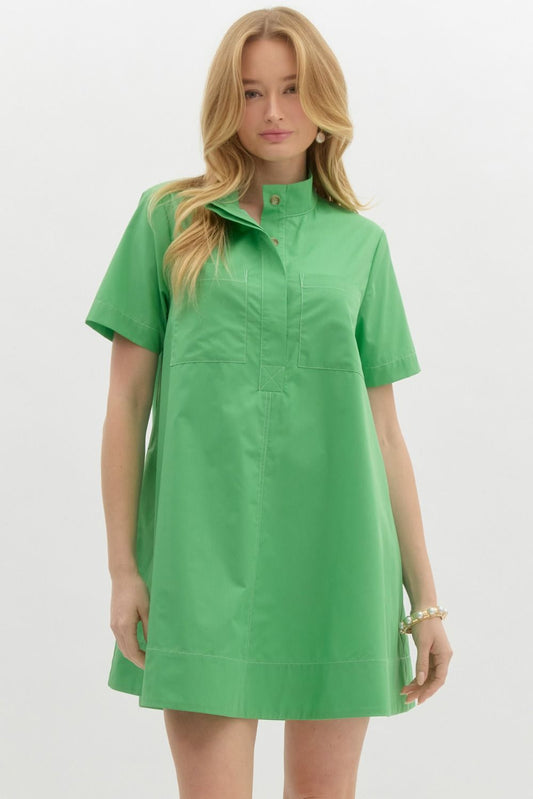 HIGH NECK PLACKET BUTTON MINI DRESS - GREEN