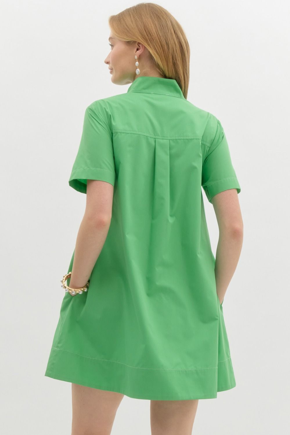 HIGH NECK PLACKET BUTTON MINI DRESS - GREEN