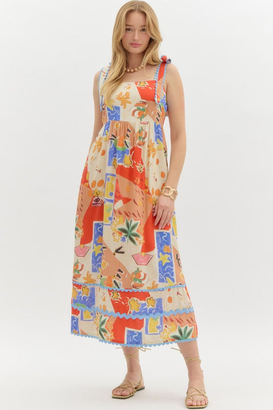 RESORT PRINT TIERED MIDI DRES - MULTI
