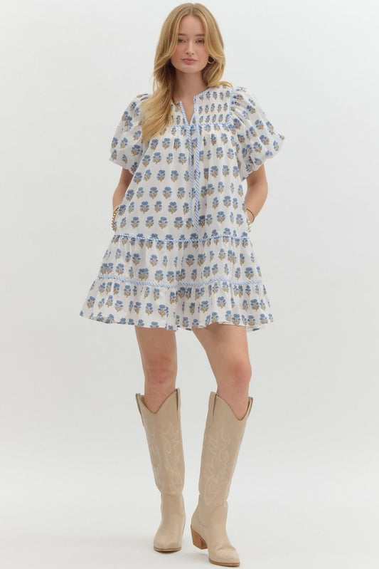 FLORAL V NECK MINI DRESS - OFF WHITE