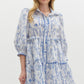FLORAL 3/4 SLEEVE TIERED MINI DRESS - BLUE