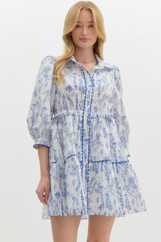 FLORAL 3/4 SLEEVE TIERED MINI DRESS - BLUE