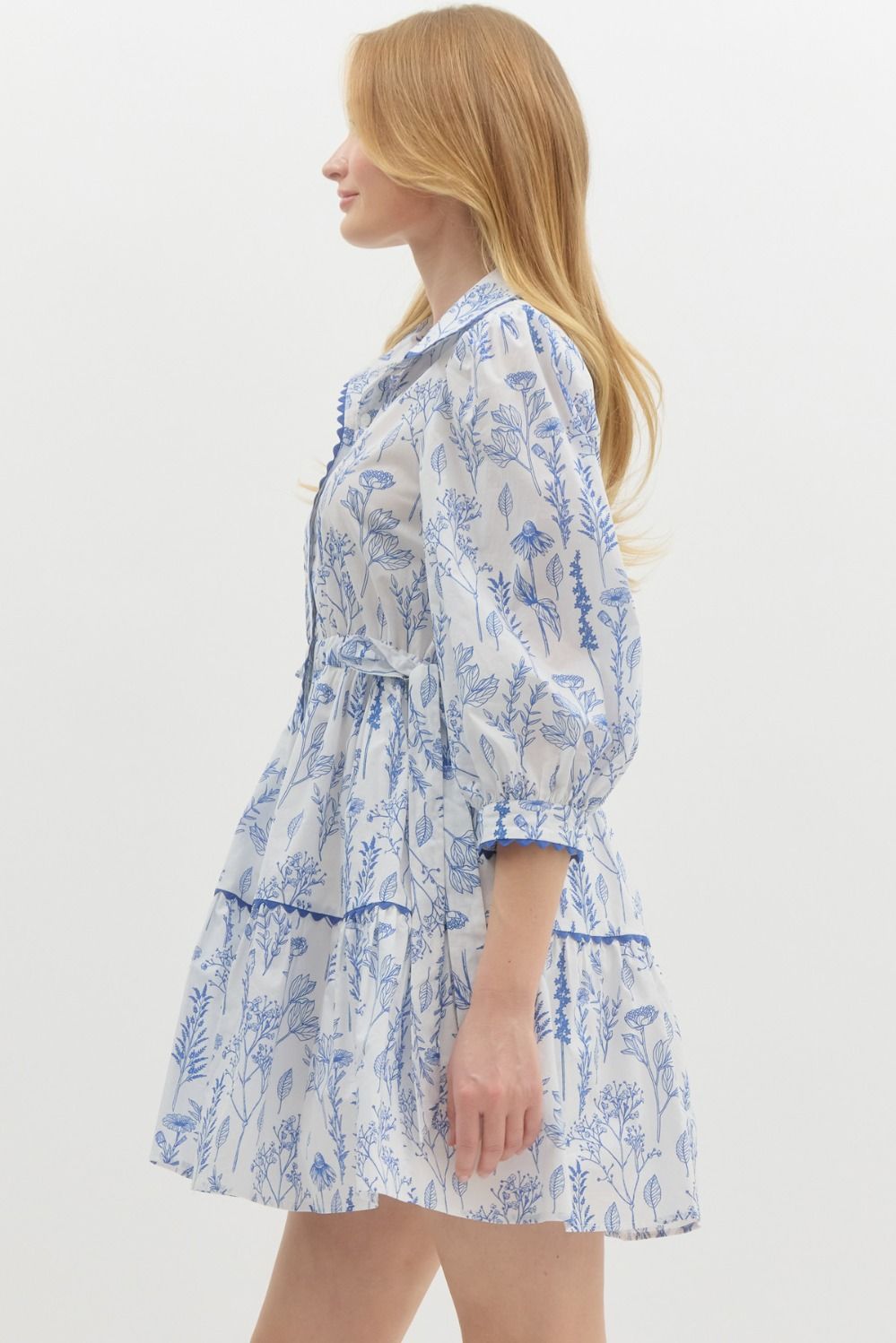 FLORAL 3/4 SLEEVE TIERED MINI DRESS - BLUE