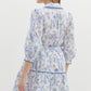 FLORAL 3/4 SLEEVE TIERED MINI DRESS - BLUE