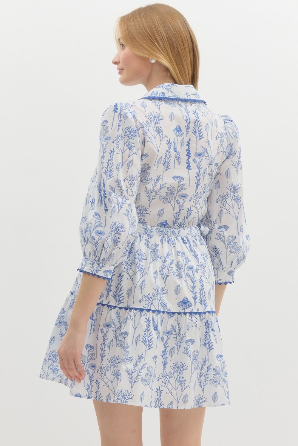 FLORAL 3/4 SLEEVE TIERED MINI DRESS - BLUE