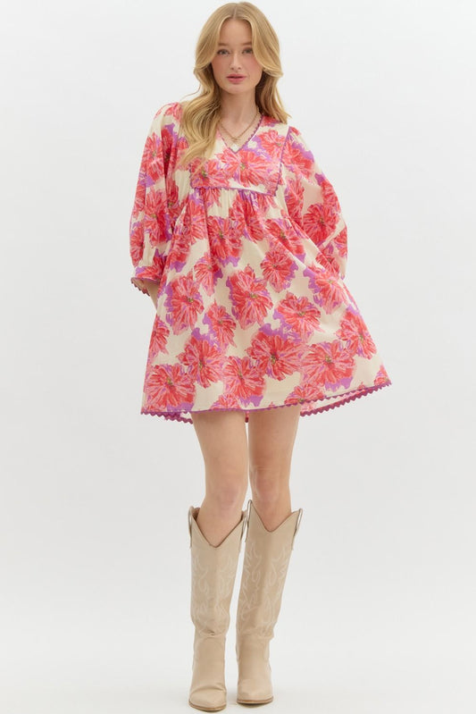 FLORAL BABYDOLL PULLOVER MINI DRESS - RED