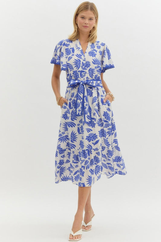 V NECK MIDI DRESS - BLUE