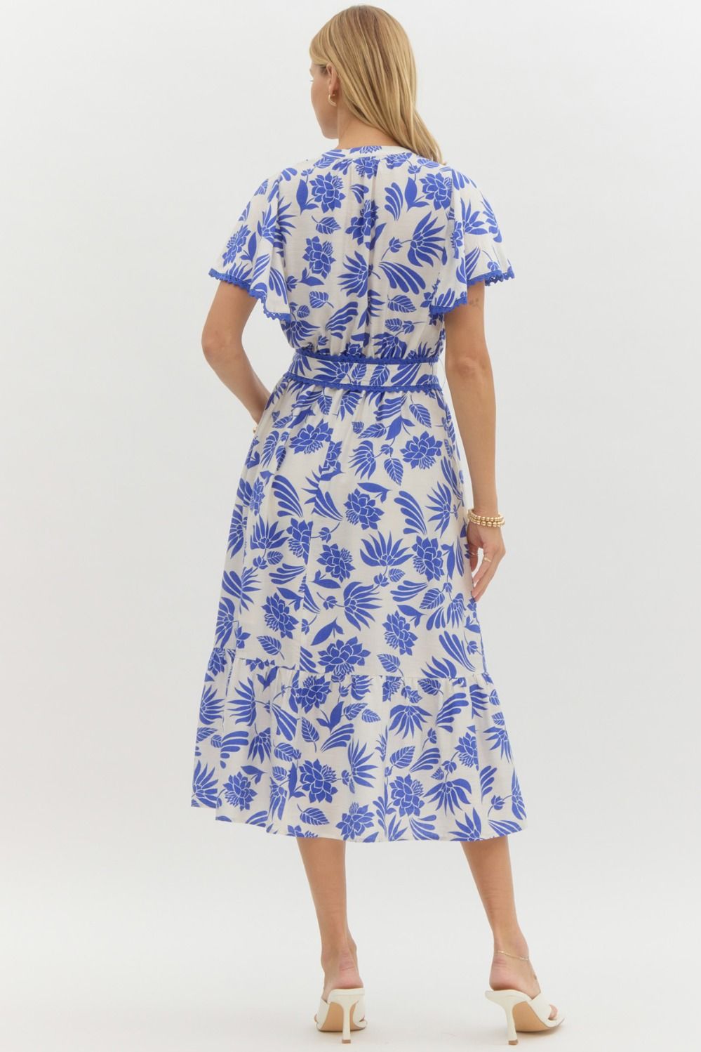 V NECK MIDI DRESS - BLUE