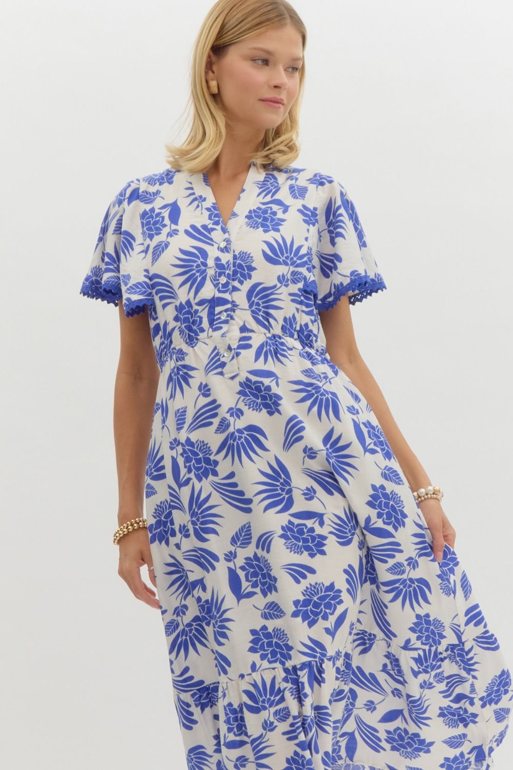 V NECK MIDI DRESS - BLUE