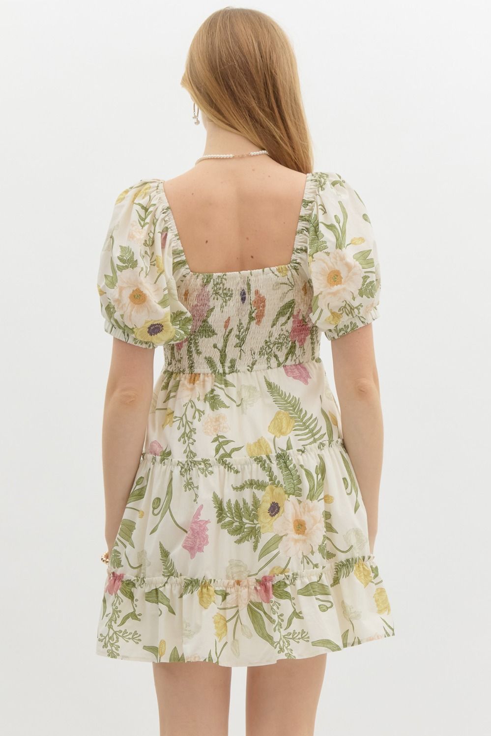 V NECK TROPCIAL PRINT DRESS - CREAM