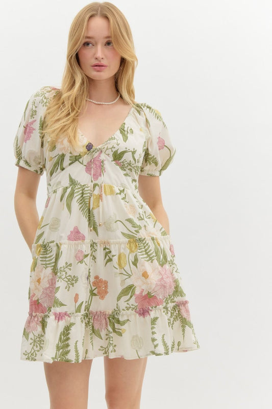 V NECK TROPCIAL PRINT DRESS - CREAM