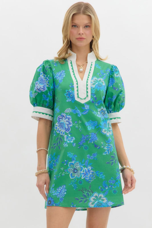 FLORAL PRINT MINI DRESS - GREEN