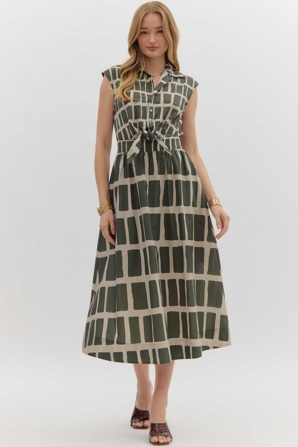 ABSTRACT PRINT MIDI DRESS - OLIVE