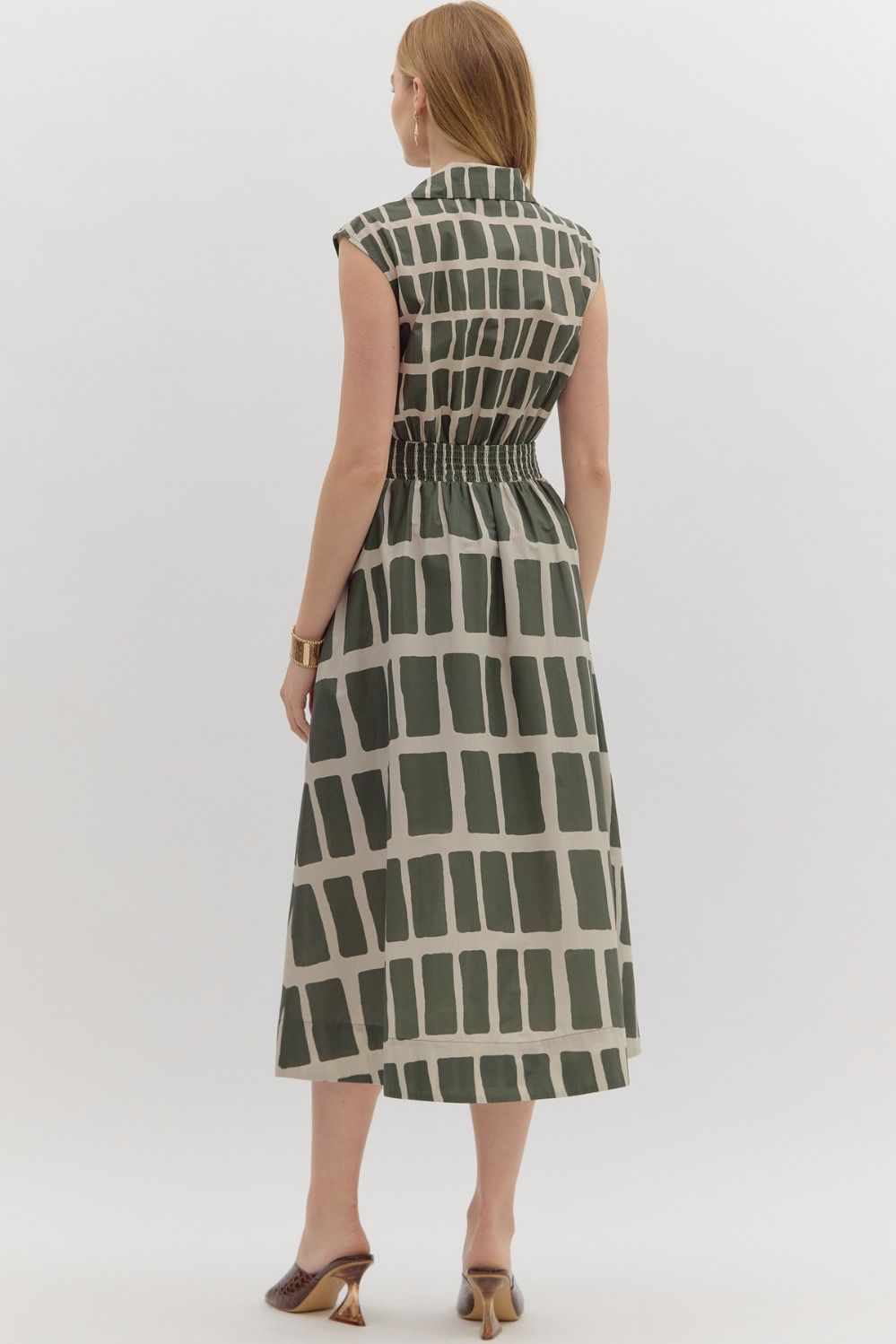 ABSTRACT PRINT MIDI DRESS - OLIVE