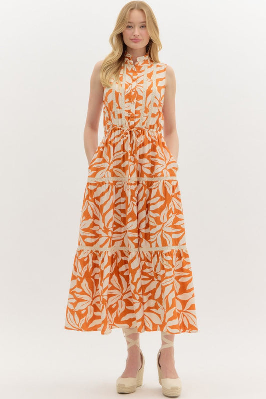 SLEEVELESS FLORAL DRESS - ORANGE