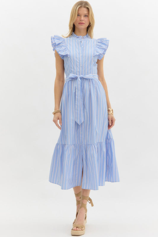 STRIPED RUFFLE MAXI DRESS - BLUE/PINK