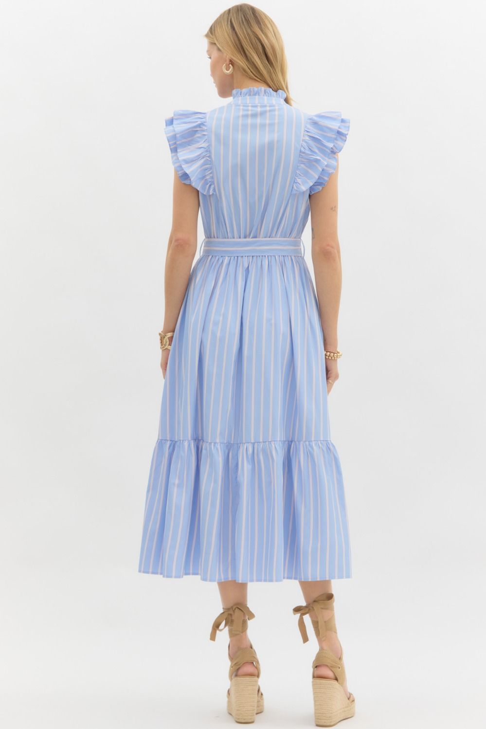STRIPED RUFFLE MAXI DRESS - BLUE/PINK