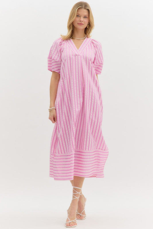 TEXTURED STRIPE MIDI DRESS - PINK