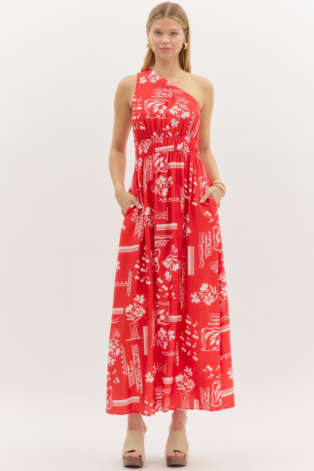 ONE SHOULDER MIDI DRESS - RED