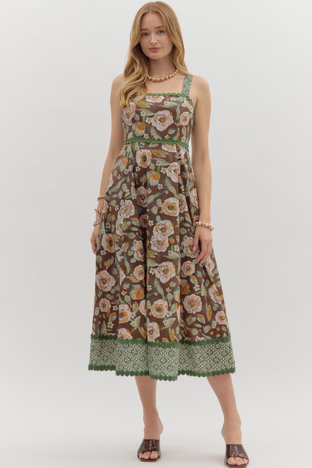 FLORAL PRINT EMPIRE MIDI DRESS - BROWN