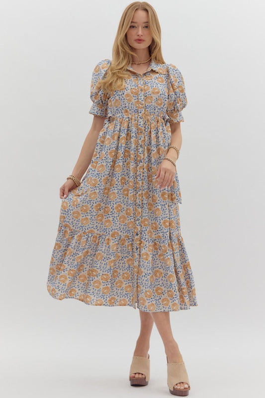 FLORAL MIDI DRESS - CAMEL