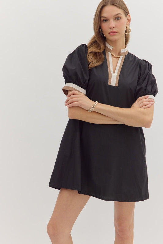 SHORT SLEEVE MINI DRESS MULTICOLOR BAND ACCENT - BLACK