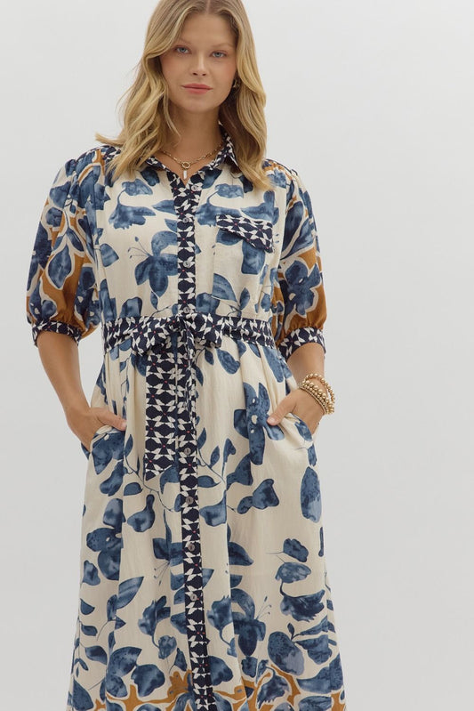 BOTANICAL PRINT 3/4 SLEEVE MIDI SHIRT DRESS - SLATE BLUE