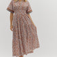 V NECK FLORAL MIDI DRESS - CAMEL