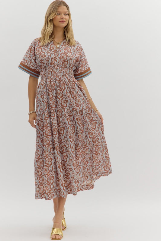 V NECK FLORAL MIDI DRESS - CAMEL
