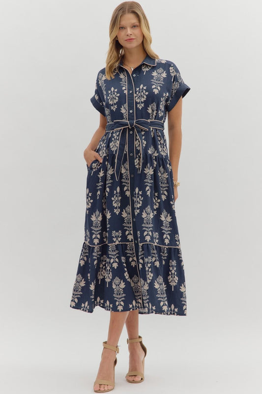 BOTANICAL ROLL-UP SLEEVE BAND MIDI DRESS -NAVY