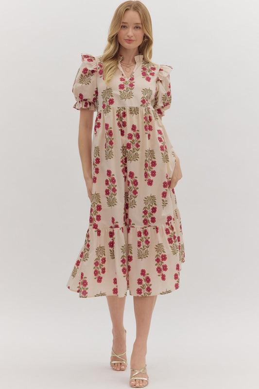 PUFF SLEEVE MIDI DRESS - RED ECRU
