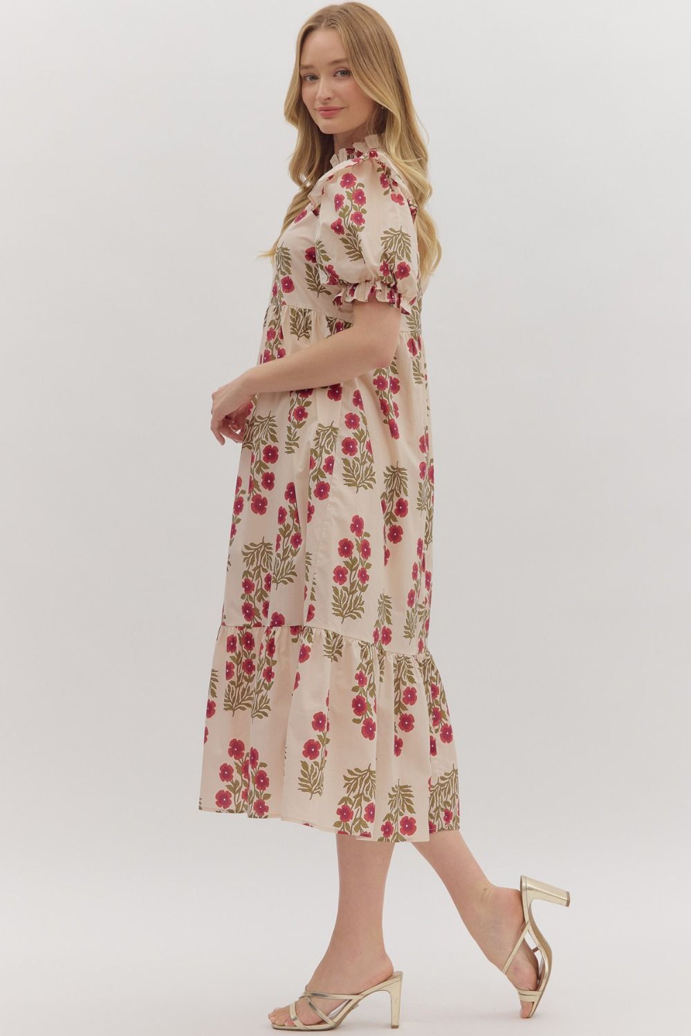 PUFF SLEEVE MIDI DRESS - RED ECRU