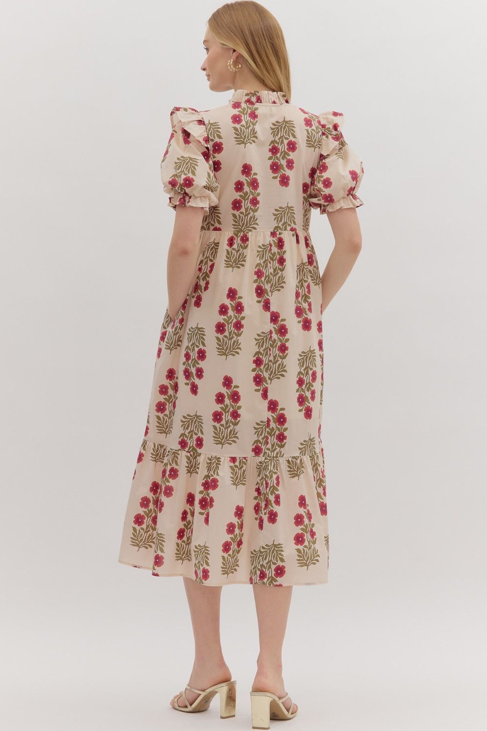 PUFF SLEEVE MIDI DRESS - RED ECRU