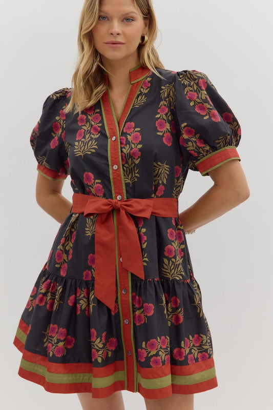 FLORAL PUFF SLEEVE MINI DRESS - BLACK